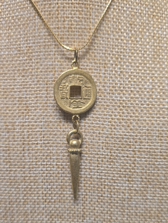 Jewelry - Gold-Tone Faux Chinese Feng Shui Coin & Dangle Spike Necklace
